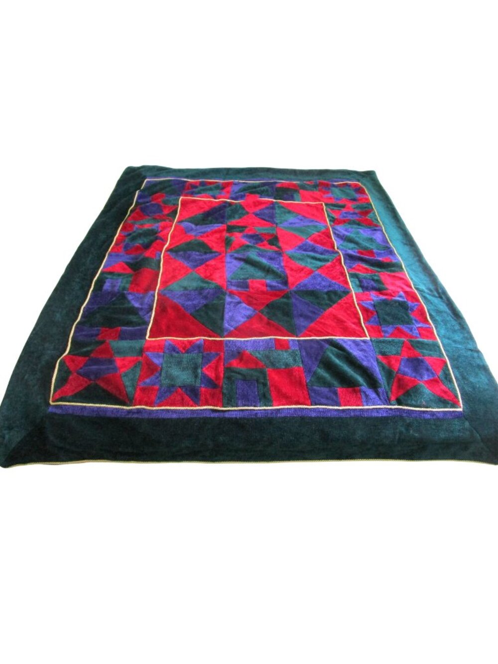 Patchwork Chenille Quilt Throw Blanket Cabin and Star Pattern Green Red  Purple